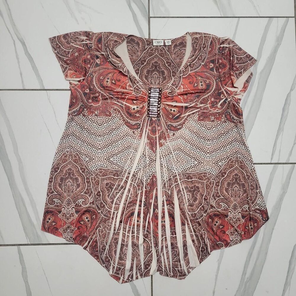 Y2K Paisley Babydoll Top Coral Brown Empire Waist Boho